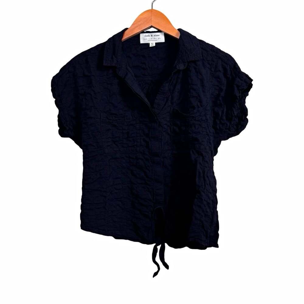 Cloth & Stone Black Collared Short Sleeve Tie Front Blouse Solid Size M